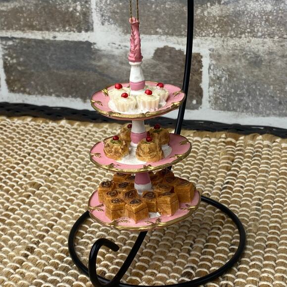 Three Tier Dessert Stand Christmas Tree Ornament Bakery, Miniature Pink & Gold - Picture 3 of 11
